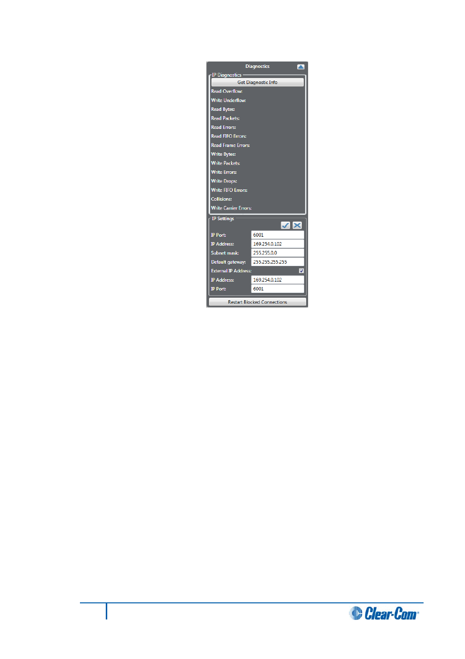 1 ip port, Ip address, Subnet mask | Default gateway, Ip port | Clear-Com HX System Frames User Manual | Page 174 / 290