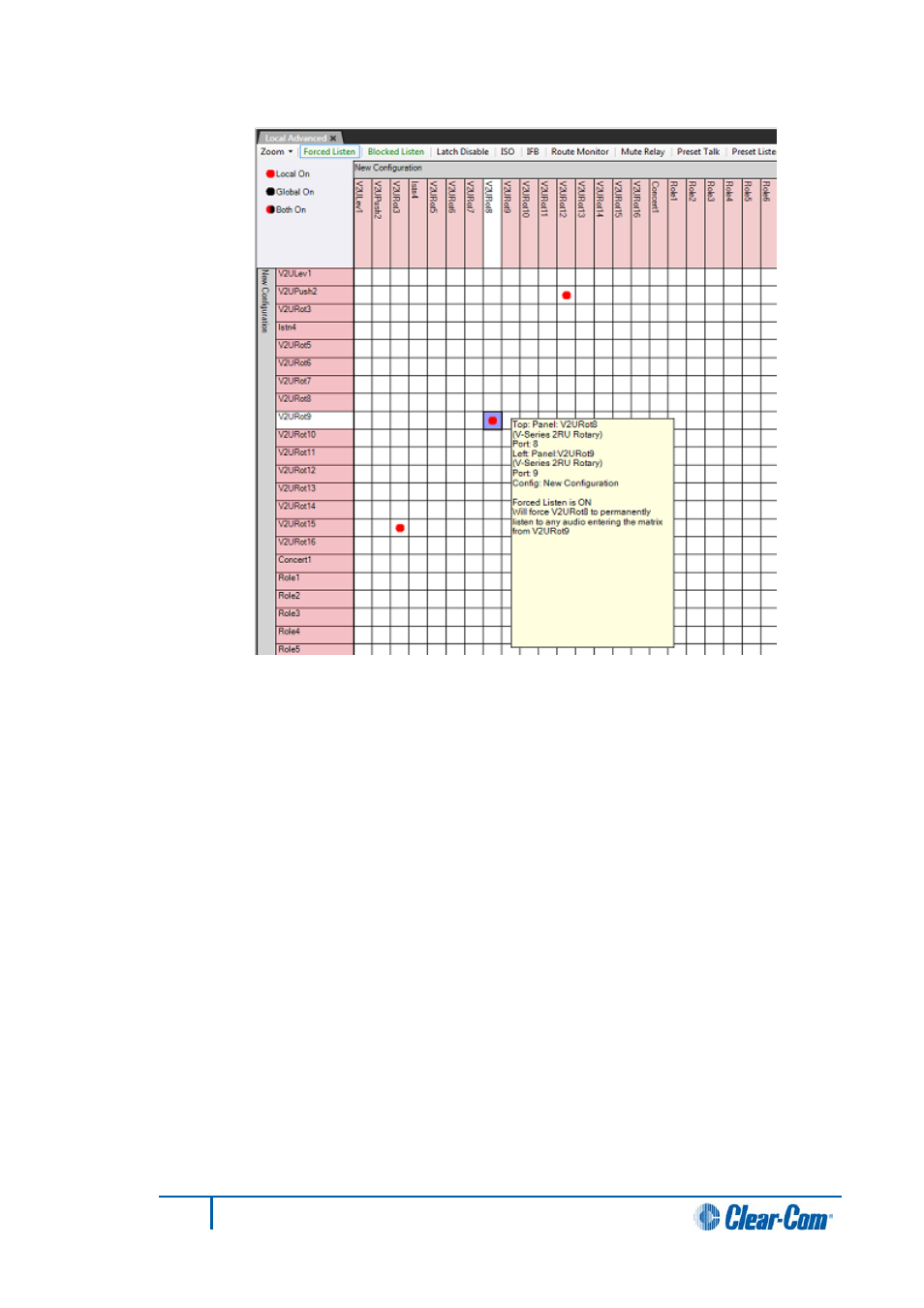 1 forced listen, 2 blocked listen, Forced listen | Blocked listen | Clear-Com HX System Frames User Manual | Page 218 / 290