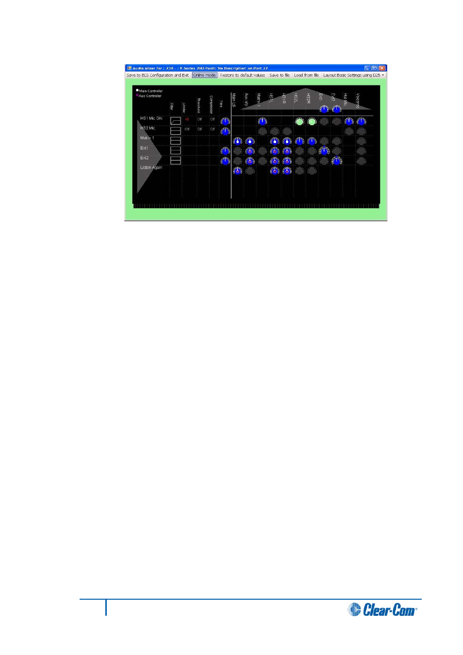 2 restore to default values, 3 save to file, 4 load from file | 5 layout settings, Restore to default values, Save to file, Load from file, Layout settings | Clear-Com HX System Frames User Manual | Page 223 / 290