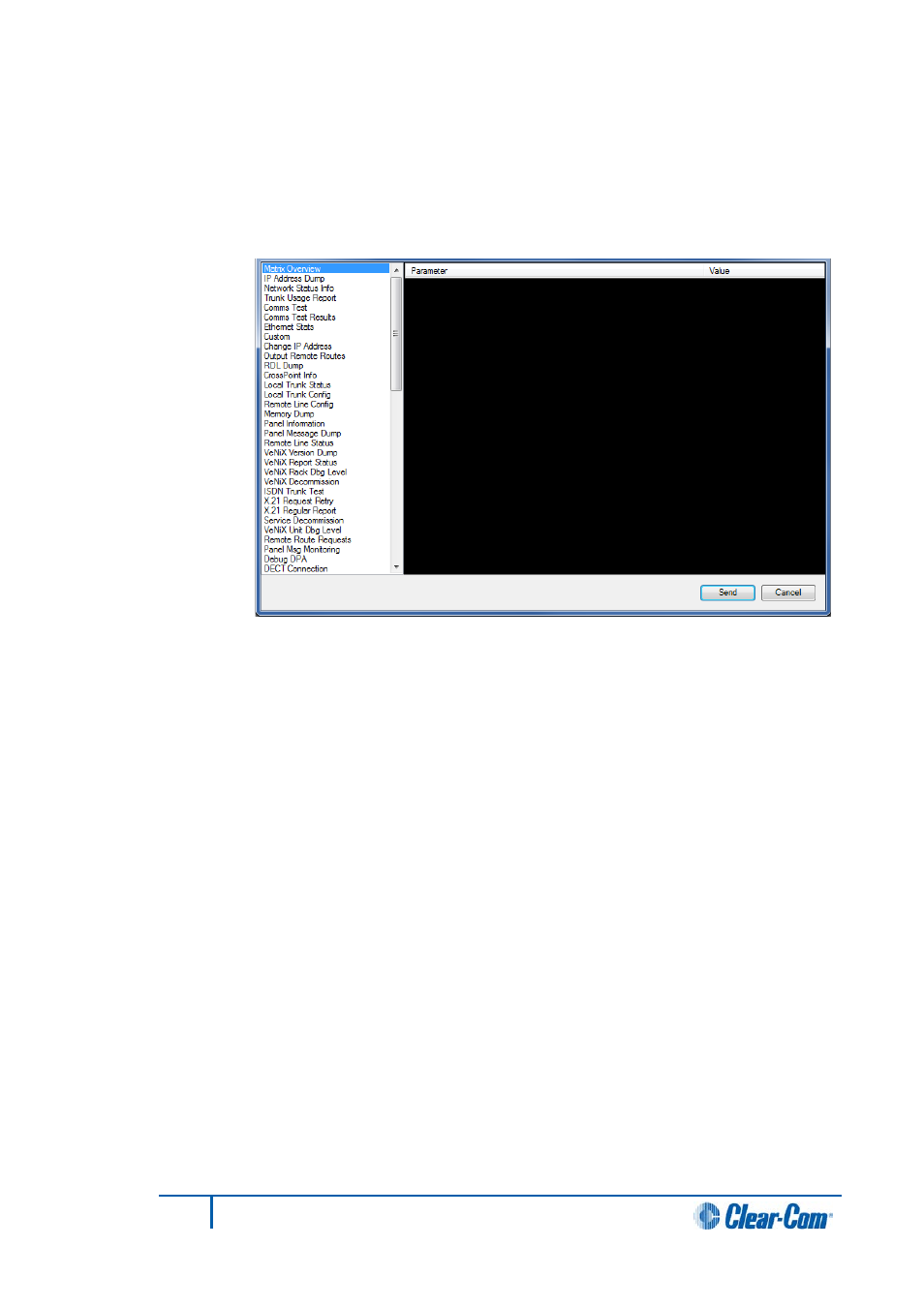 1 request info, Matrix overview, Ip address dump | Network status info, Comms test, Comms test results, Request info | Clear-Com HX System Frames User Manual | Page 271 / 290