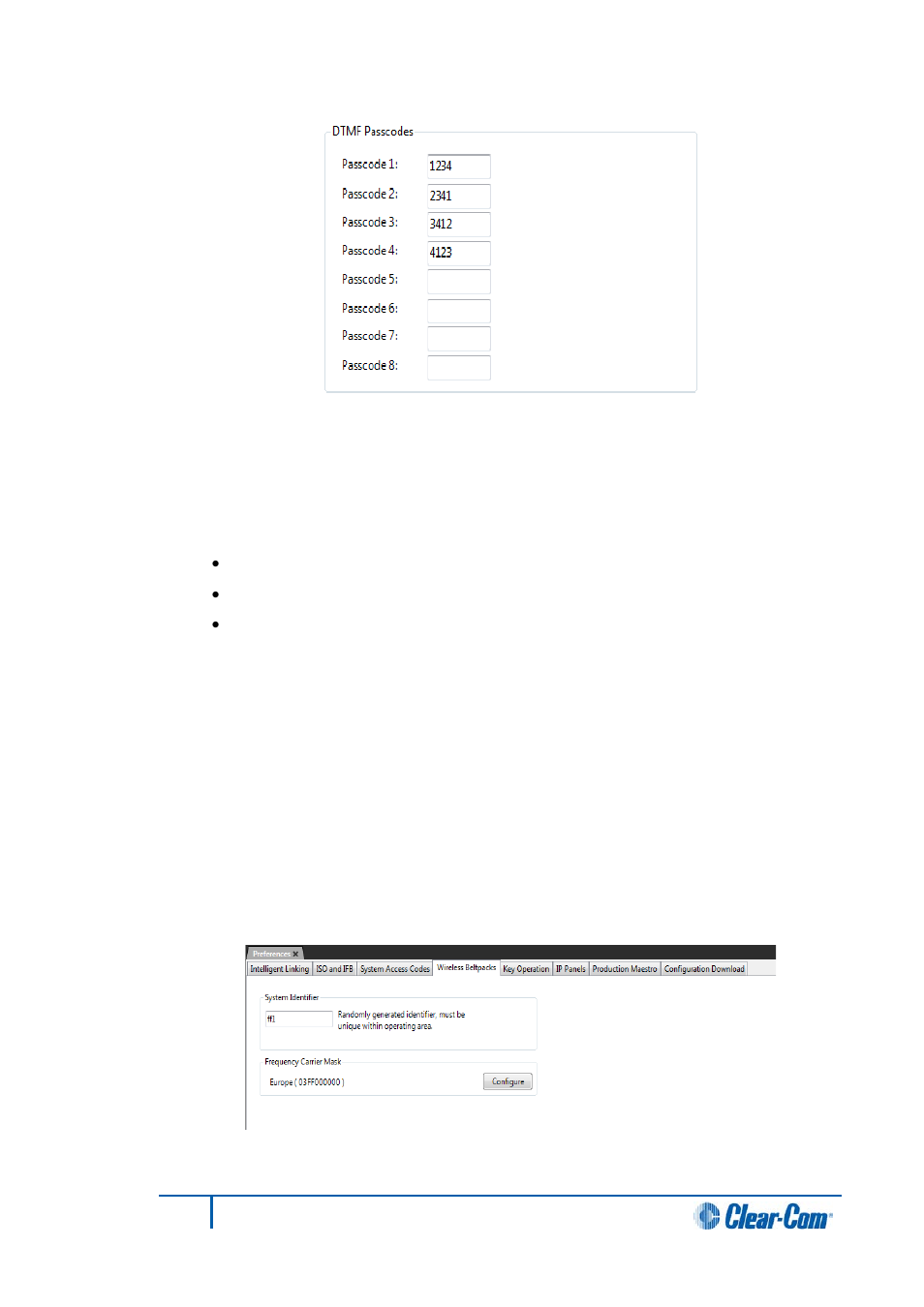 Panel menu access code, Features passcode, Wireless beltpacks | Clear-Com HX System Frames User Manual | Page 49 / 290