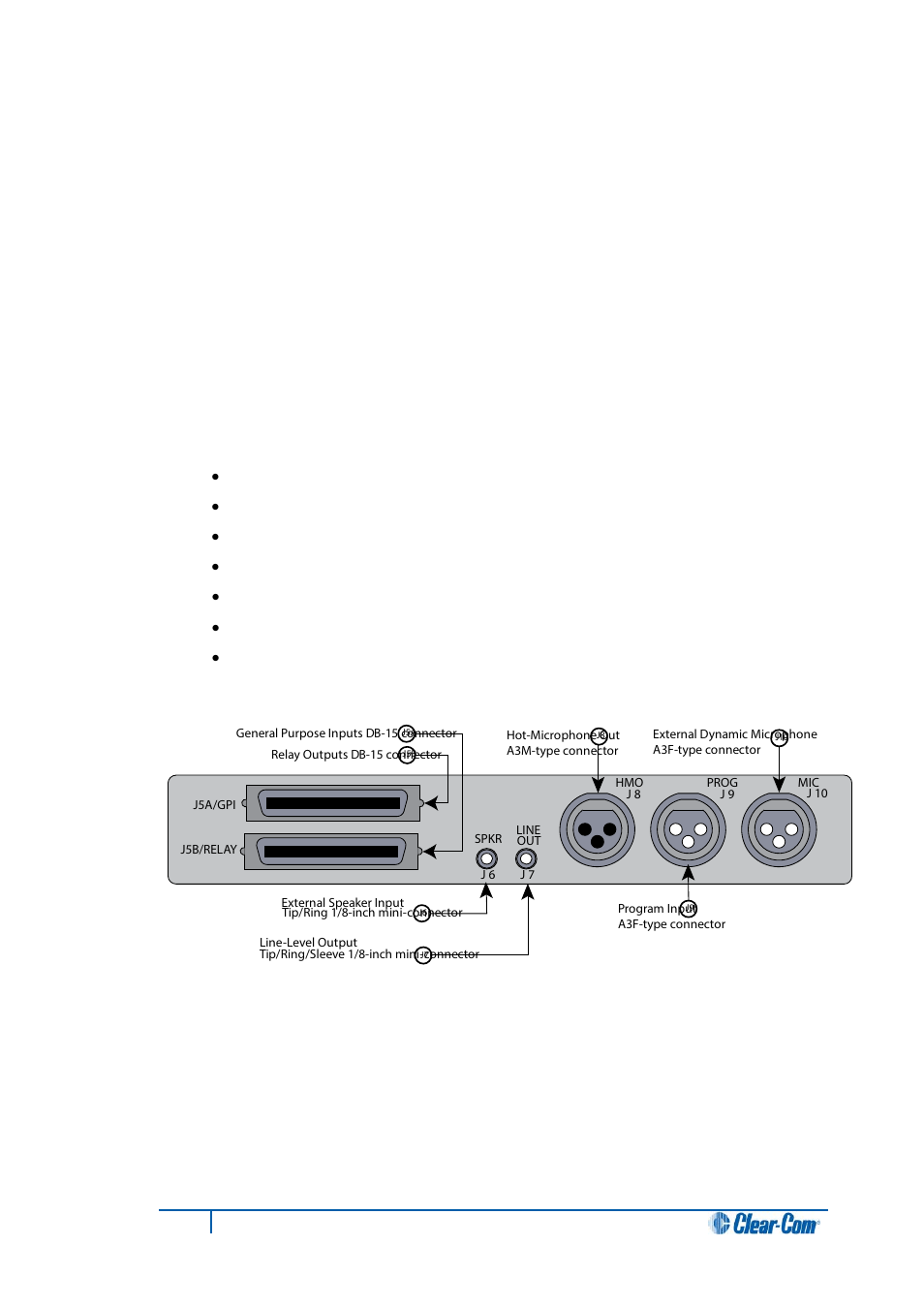 1 expansion out connector, 2 db-15m connector (reserved for future use), 3 to matrix connector | 4 aux-101 auxiliary options module, 1 general purpose inputs connector, Expansion out connector, Db-15m connector (reserved for future use), To matrix connector, Aux-101 auxiliary options module, General purpose inputs connector | Clear-Com i-Series Panels User Manual | Page 51 / 87