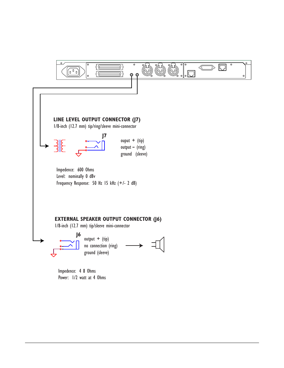 Speaker-feed output (j6), Line-level output (j7), Speaker-feed output (j6) -8 | Line-level output (j7) -8, Speaker-feed output (j6) line-level output (j7) | Clear-Com i-Series Panels User Manual | Page 82 / 109