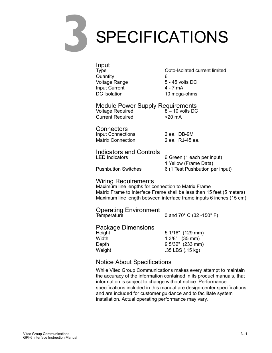 Specifications | Clear-Com GPI-6 User Manual | Page 13 / 18