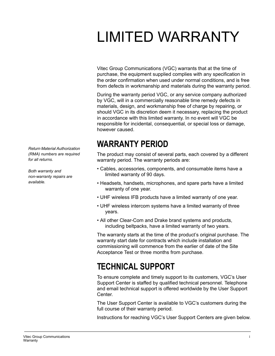 Limited warranty, Warranty period, Technical support | Clear-Com GPI-6 User Manual | Page 15 / 18