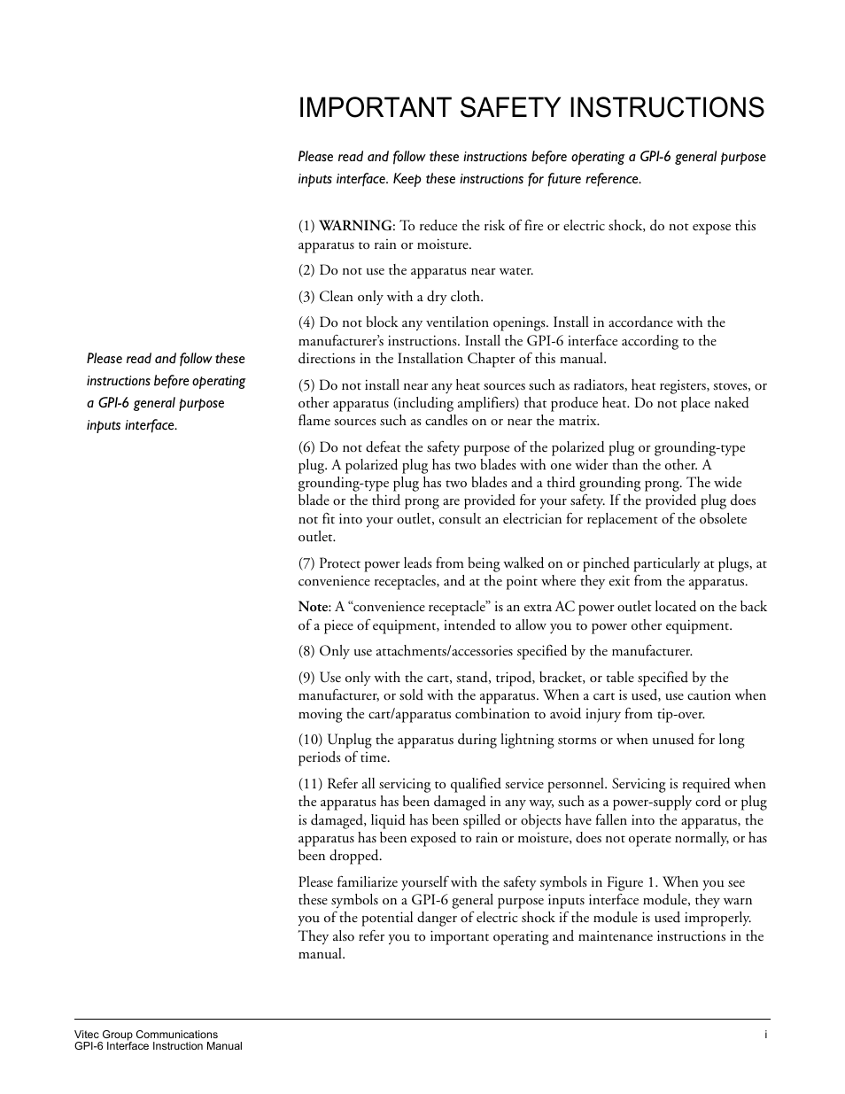 Important safety instructions | Clear-Com GPI-6 User Manual | Page 5 / 18