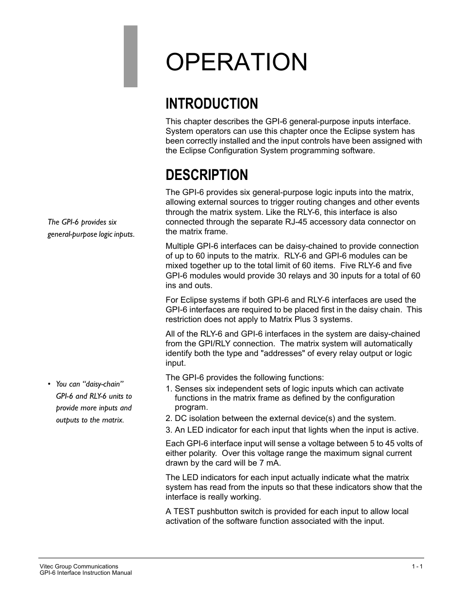 Operation, Introduction, Description | Clear-Com GPI-6 User Manual | Page 7 / 18