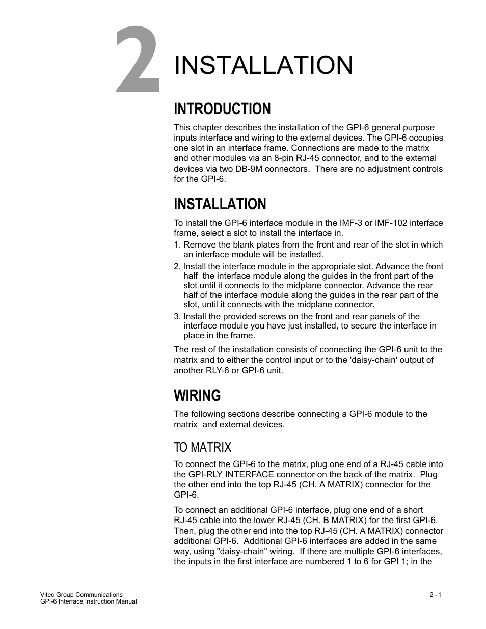 Installation, Introduction, Wiring | To matrix | Clear-Com GPI-6 User Manual | Page 9 / 18