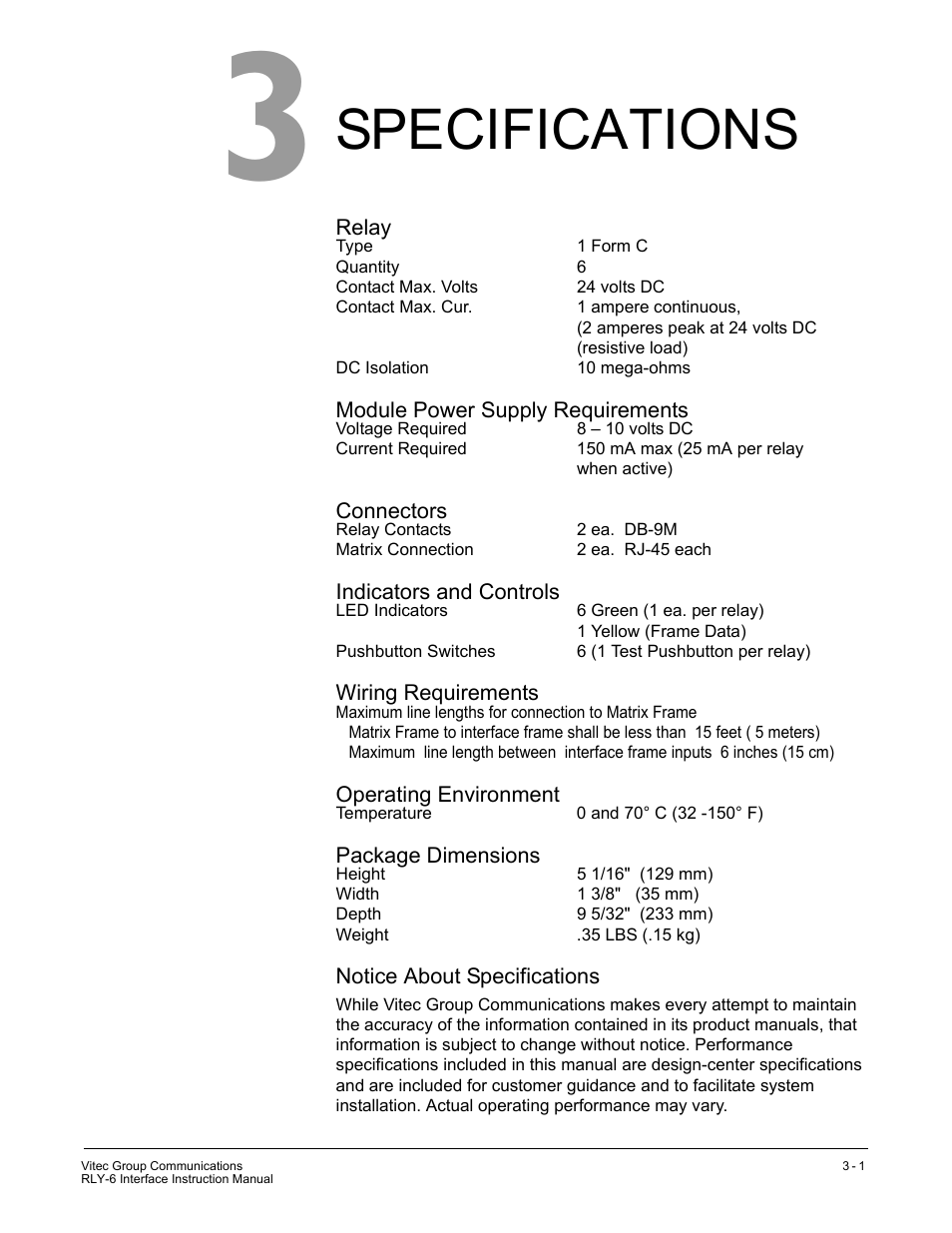 Specifications | Clear-Com RLY-6 User Manual | Page 13 / 18
