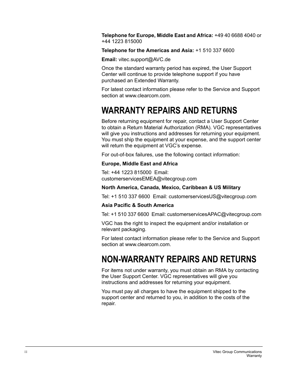 Warranty repairs and returns, Non-warranty repairs and returns | Clear-Com RLY-6 User Manual | Page 16 / 18