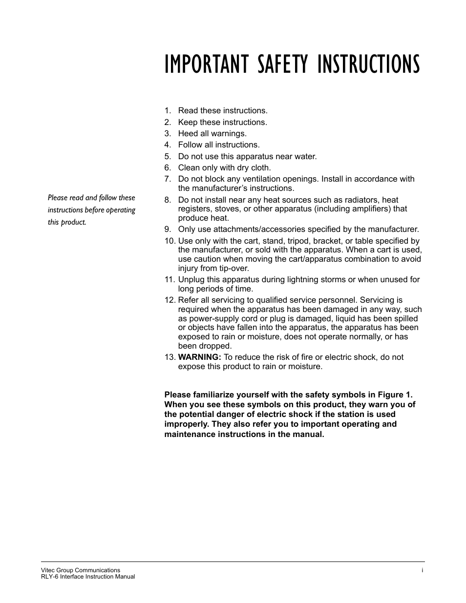 Important safety instructions | Clear-Com RLY-6 User Manual | Page 5 / 18