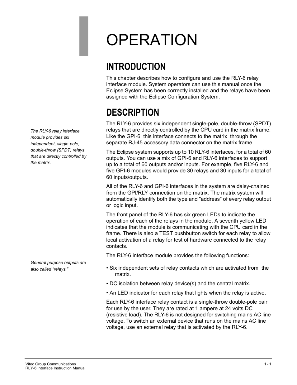 Operation, Introduction, Description | Clear-Com RLY-6 User Manual | Page 7 / 18