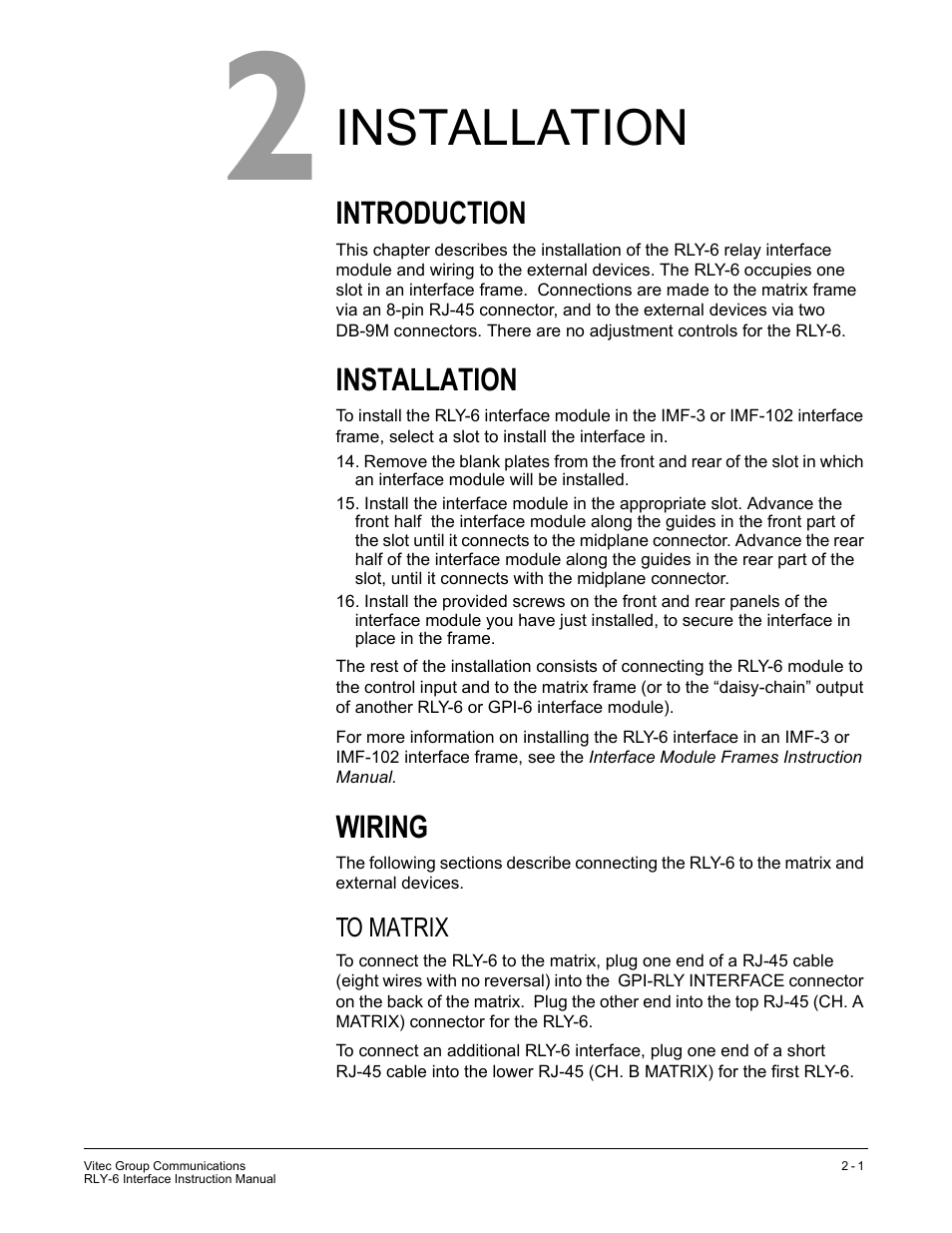 Installation, Introduction, Wiring | To matrix | Clear-Com RLY-6 User Manual | Page 9 / 18