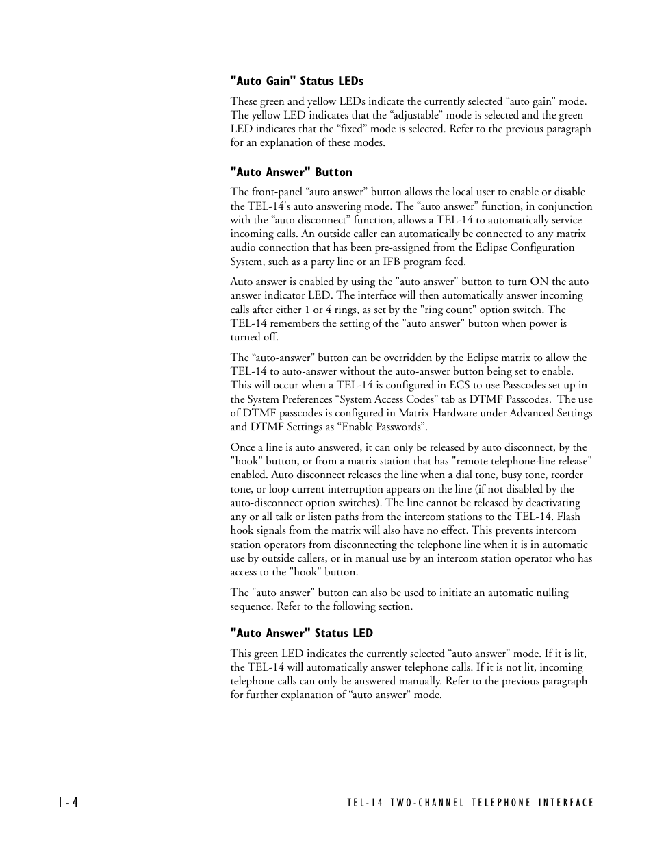 Auto gain" status leds, Auto answer" button, Auto answer" status led | Clear-Com TEL-14 User Manual | Page 10 / 38