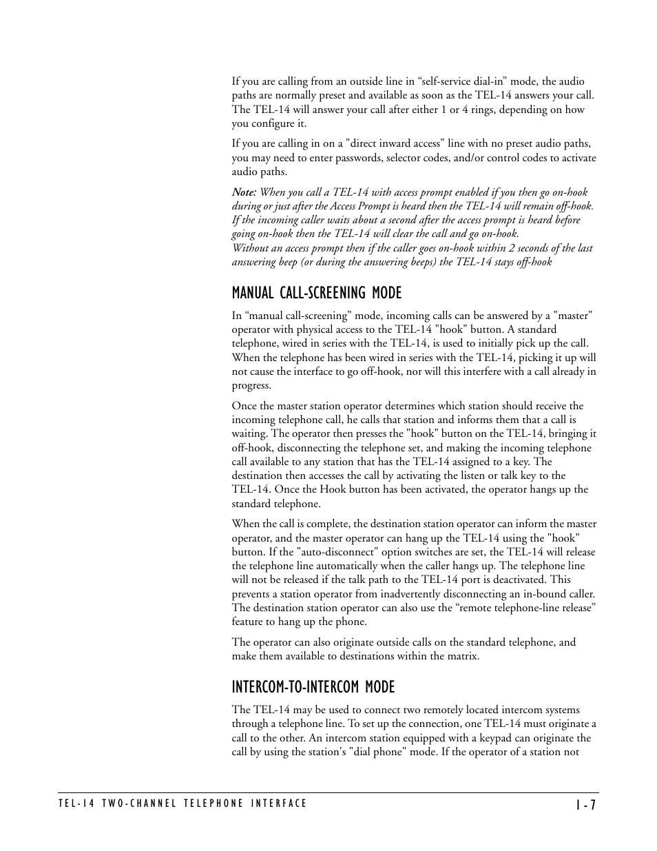 Manual call-screening mode, Intercom-to-intercom mode | Clear-Com TEL-14 User Manual | Page 13 / 38