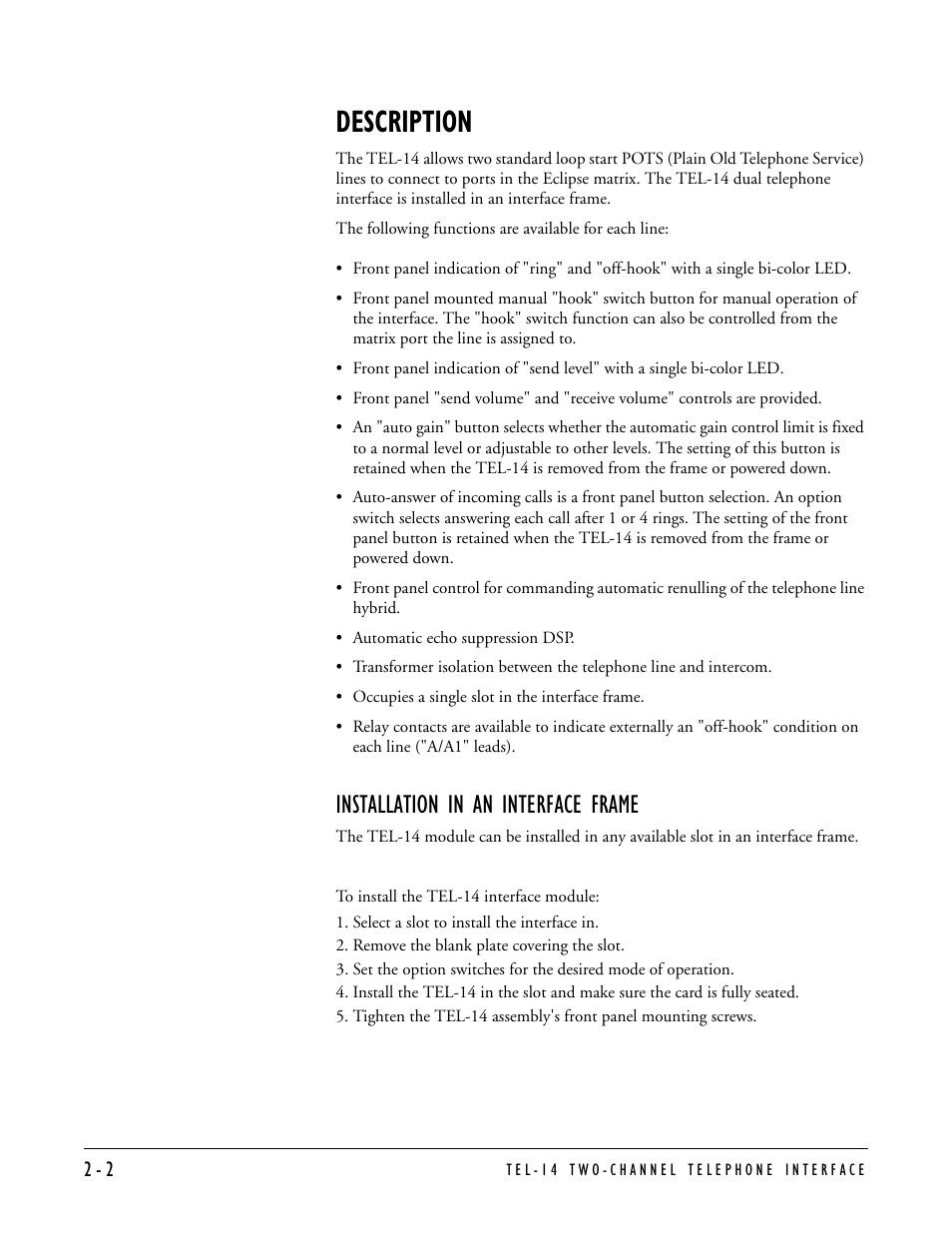 Description, Installation in an interface frame | Clear-Com TEL-14 User Manual | Page 16 / 38