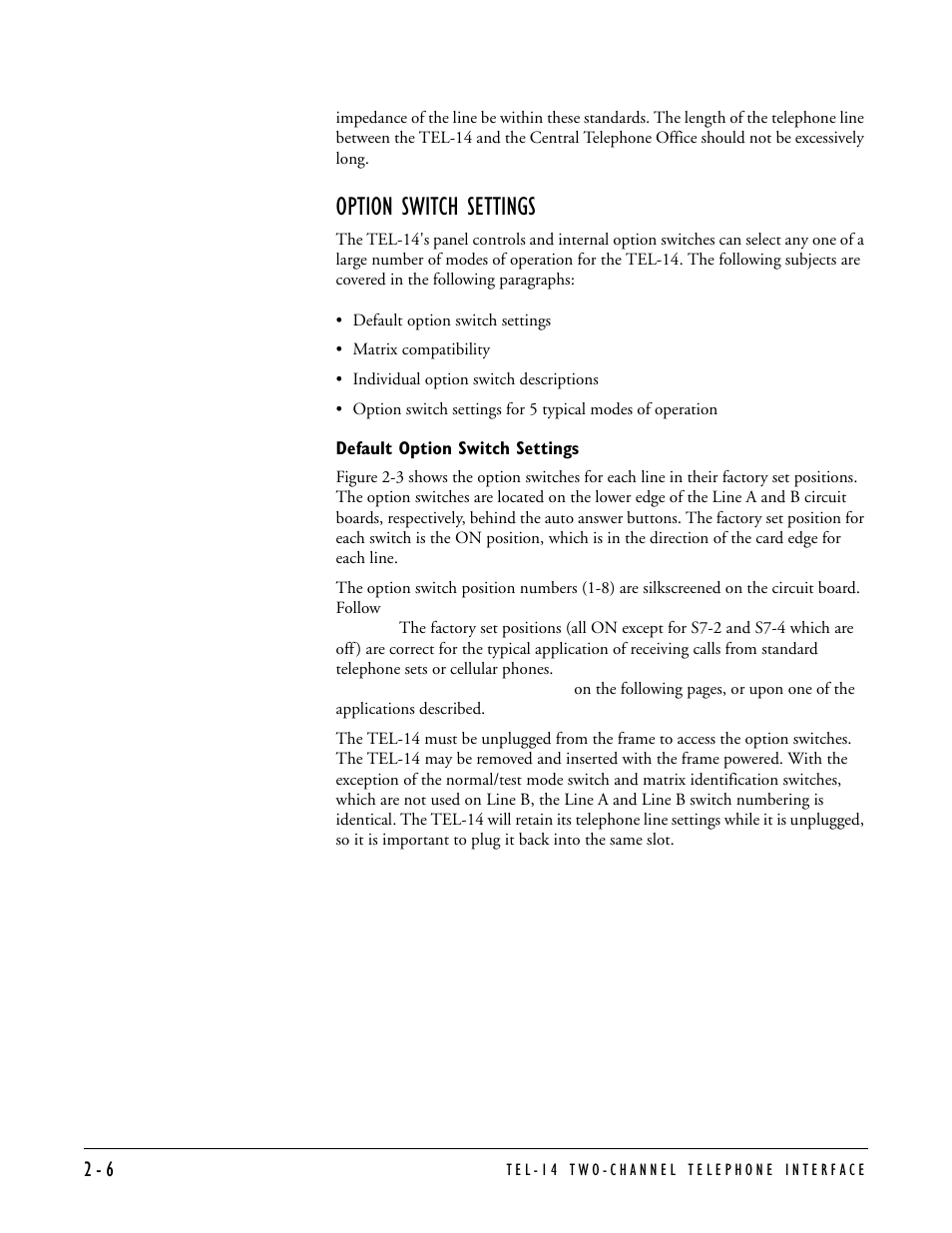 Option switch settings, Default option switch settings | Clear-Com TEL-14 User Manual | Page 20 / 38