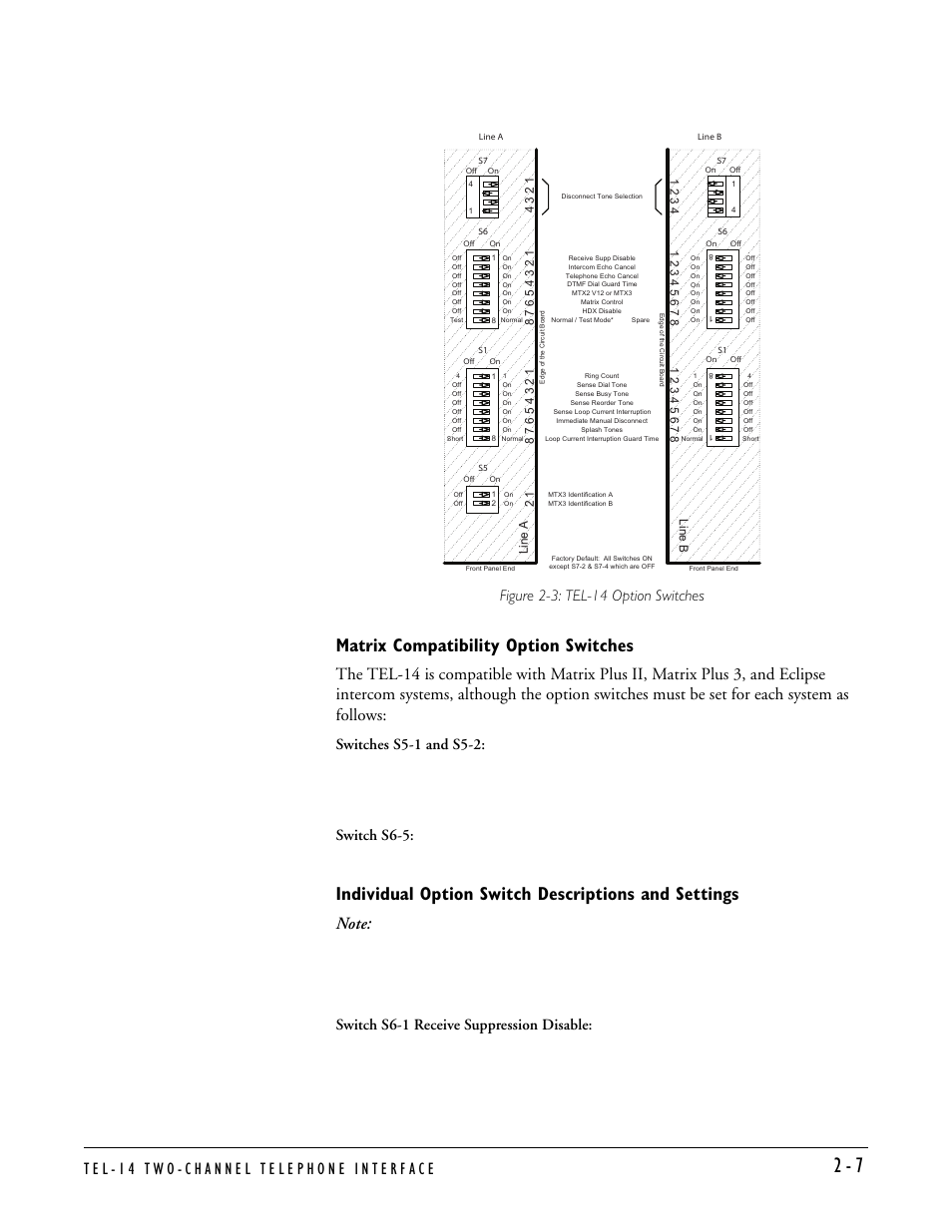 Matrix compatibility option switches, Individual option switch descriptions and settings, Figure 2-3: tel-14 option switches | Switches s5-1 and s5-2, Switch s6-5, Switch s6-1 receive suppression disable | Clear-Com TEL-14 User Manual | Page 21 / 38