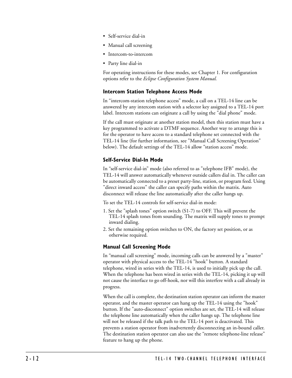 Intercom station telephone access mode, Self-service dial-in mode, Manual call screening mode | Clear-Com TEL-14 User Manual | Page 26 / 38