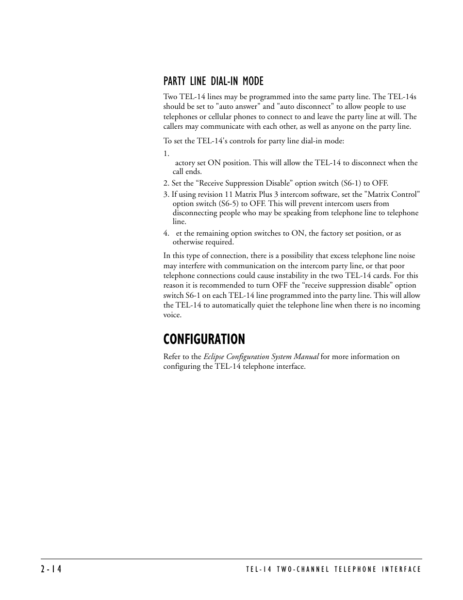 Party line dial-in mode, Configuration | Clear-Com TEL-14 User Manual | Page 28 / 38