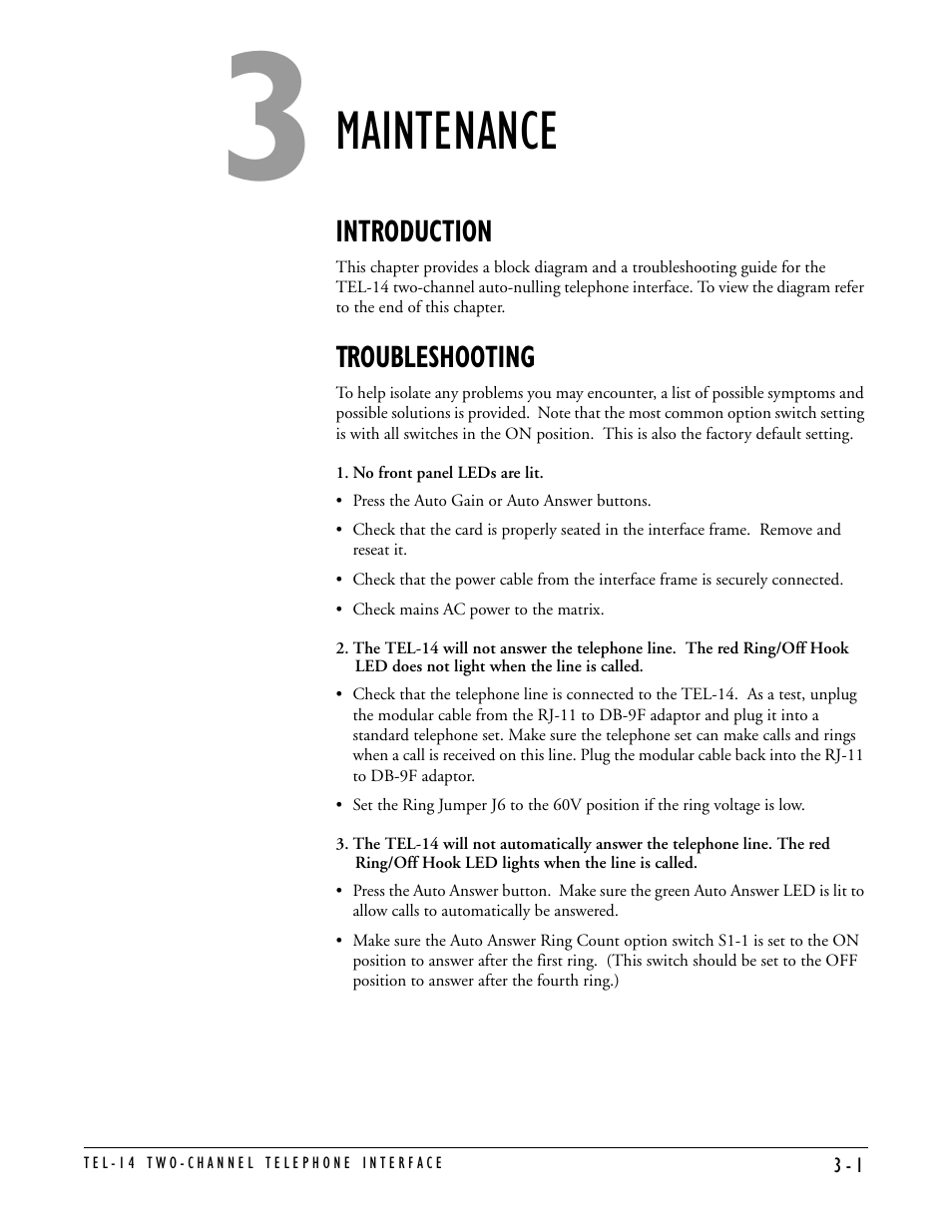 Maintenance, Introduction, Troubleshooting | Clear-Com TEL-14 User Manual | Page 29 / 38
