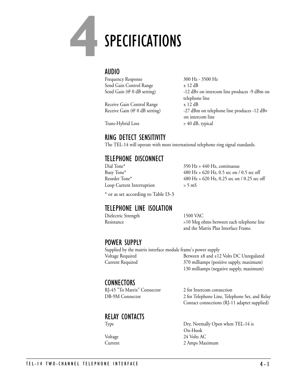 Specifications, Audio, Ring detect sensitivity | Telephone disconnect, Telephone line isolation, Power supply, Connectors, Relay contacts | Clear-Com TEL-14 User Manual | Page 33 / 38