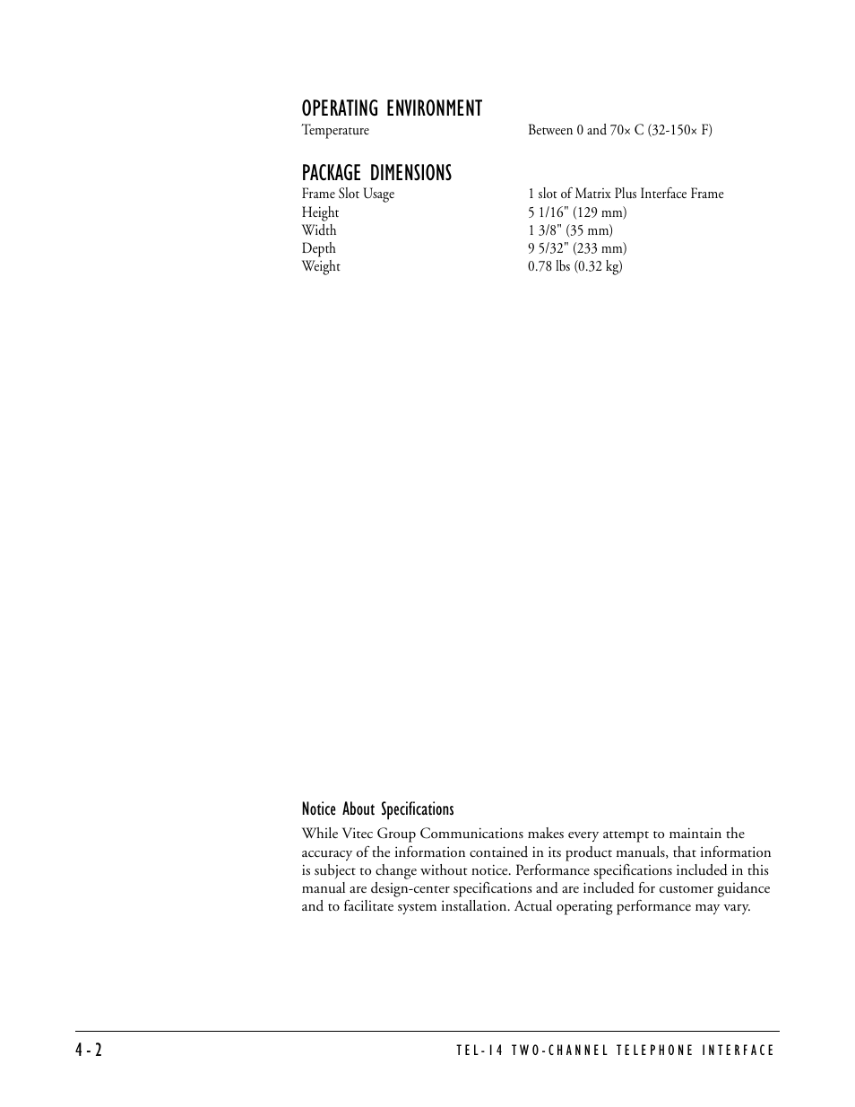 Operating environment, Package dimensions | Clear-Com TEL-14 User Manual | Page 34 / 38