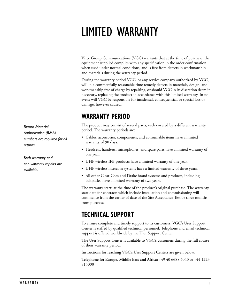 Limited warranty, Warranty period, Technical support | Clear-Com TEL-14 User Manual | Page 35 / 38