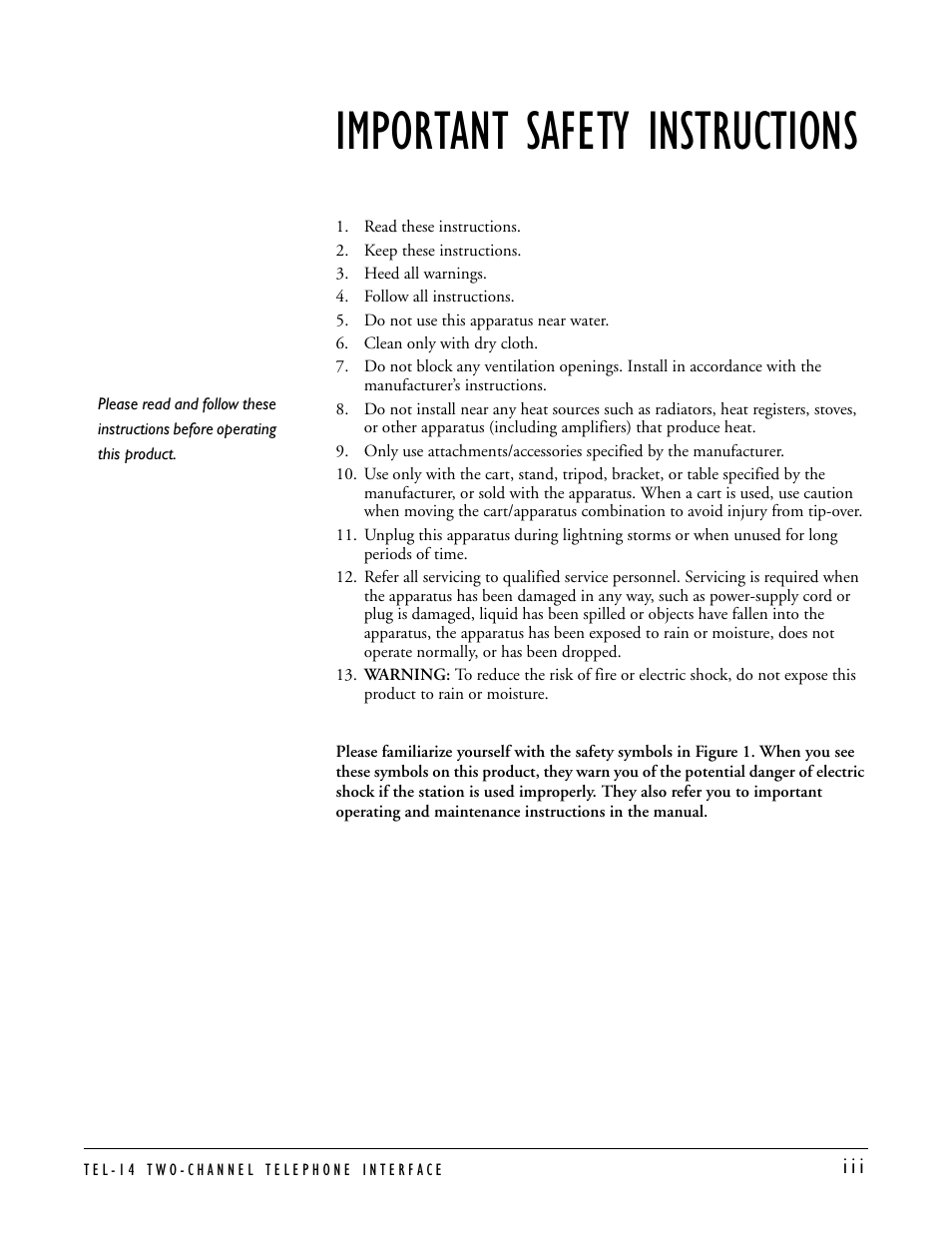 Important safety instructions | Clear-Com TEL-14 User Manual | Page 5 / 38