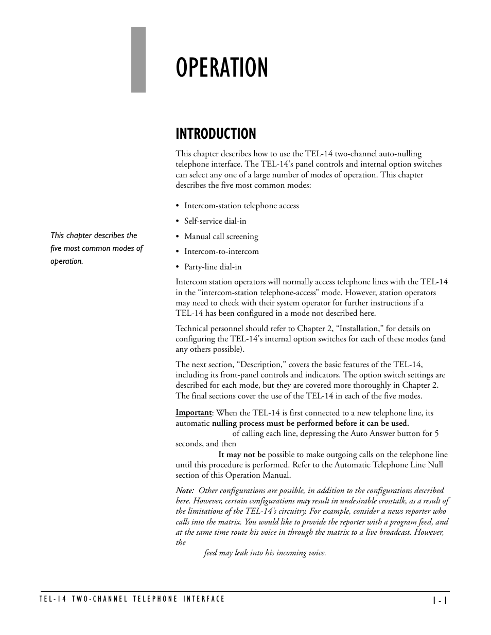 Operation, Introduction | Clear-Com TEL-14 User Manual | Page 7 / 38