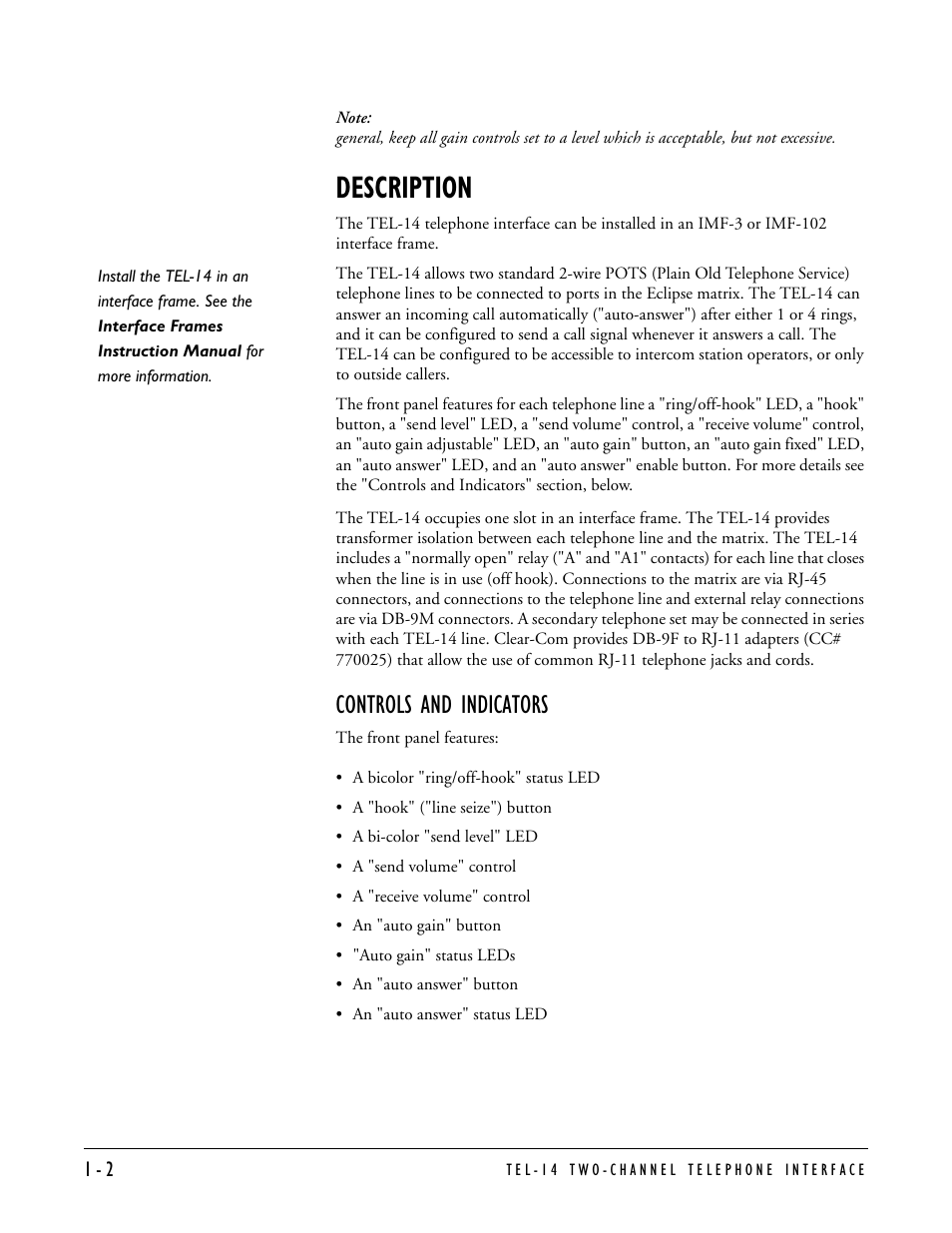 Description, Controls and indicators | Clear-Com TEL-14 User Manual | Page 8 / 38