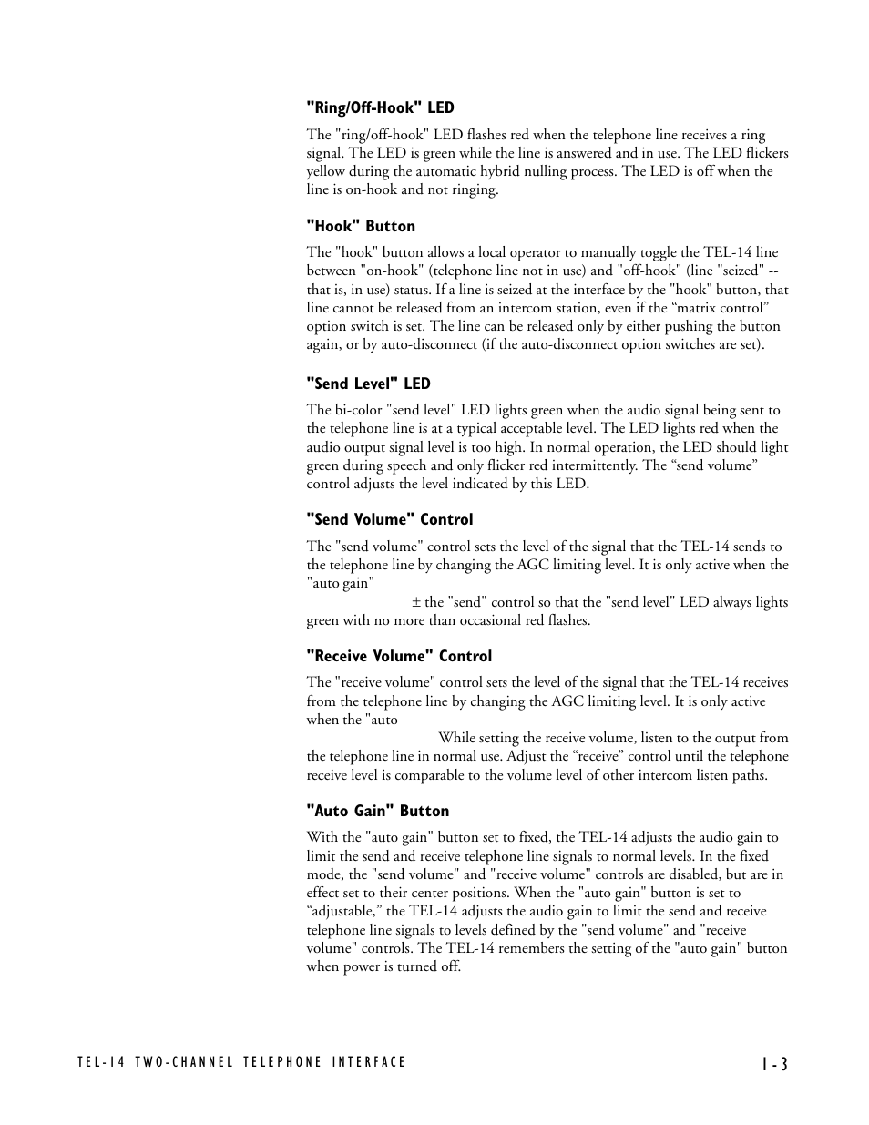 Ring/off-hook" led, Hook" button, Send level" led | Send volume" control, Receive volume" control, Auto gain" button | Clear-Com TEL-14 User Manual | Page 9 / 38