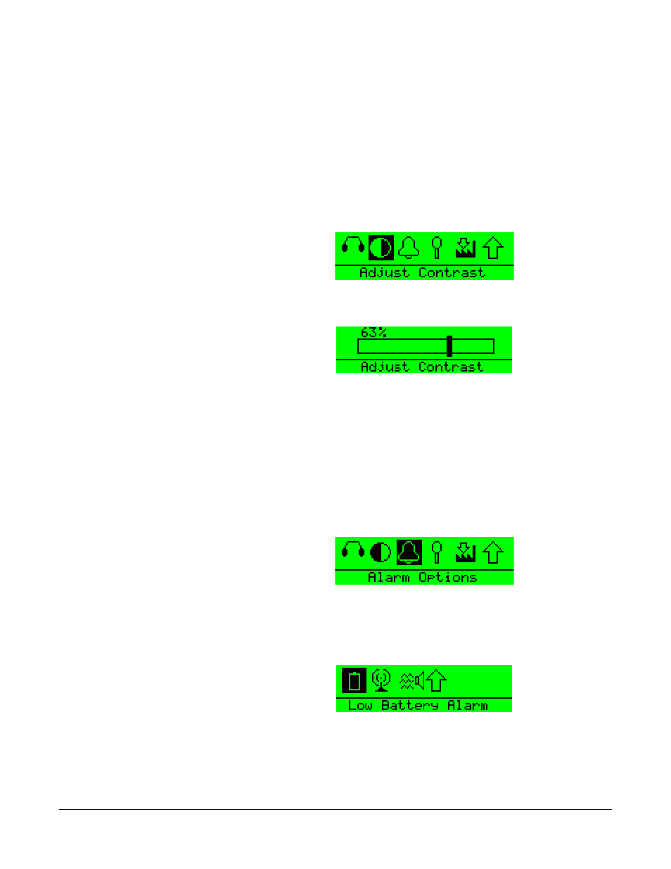 Adjust contrast, The alarm options menu, Adjust contrast -8 | The alarm options menu -8 | Clear-Com FreeSpeak Beltpack User Manual | Page 42 / 89