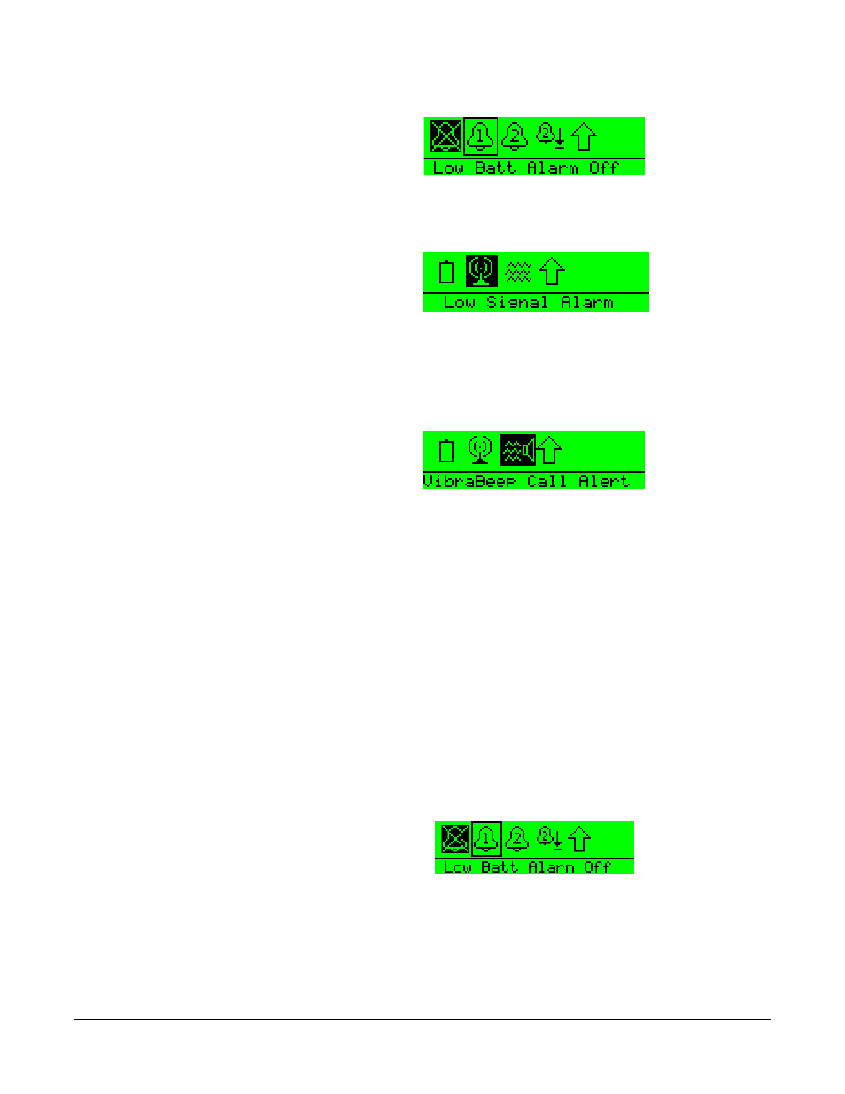 Switching the low battery alarm on and off, Low battery alarm off, Low battery alarm on1 | Switching the low battery alarm on and off -9, Low battery alarm off -9, Low battery alarm on1 -9 | Clear-Com FreeSpeak Beltpack User Manual | Page 43 / 89