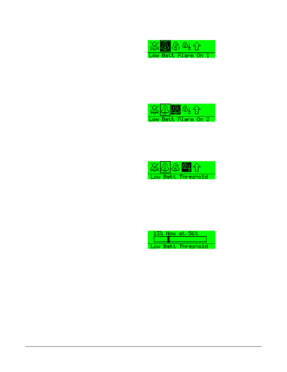 Low battery alarm on2, Low battery alarm threshold, Low battery threshold setup | Switching the low signal strength alarm on and off, Low battery alarm on2 -10, Low battery alarm threshold -10, Low battery threshold setup -10 | Clear-Com FreeSpeak Beltpack User Manual | Page 44 / 89