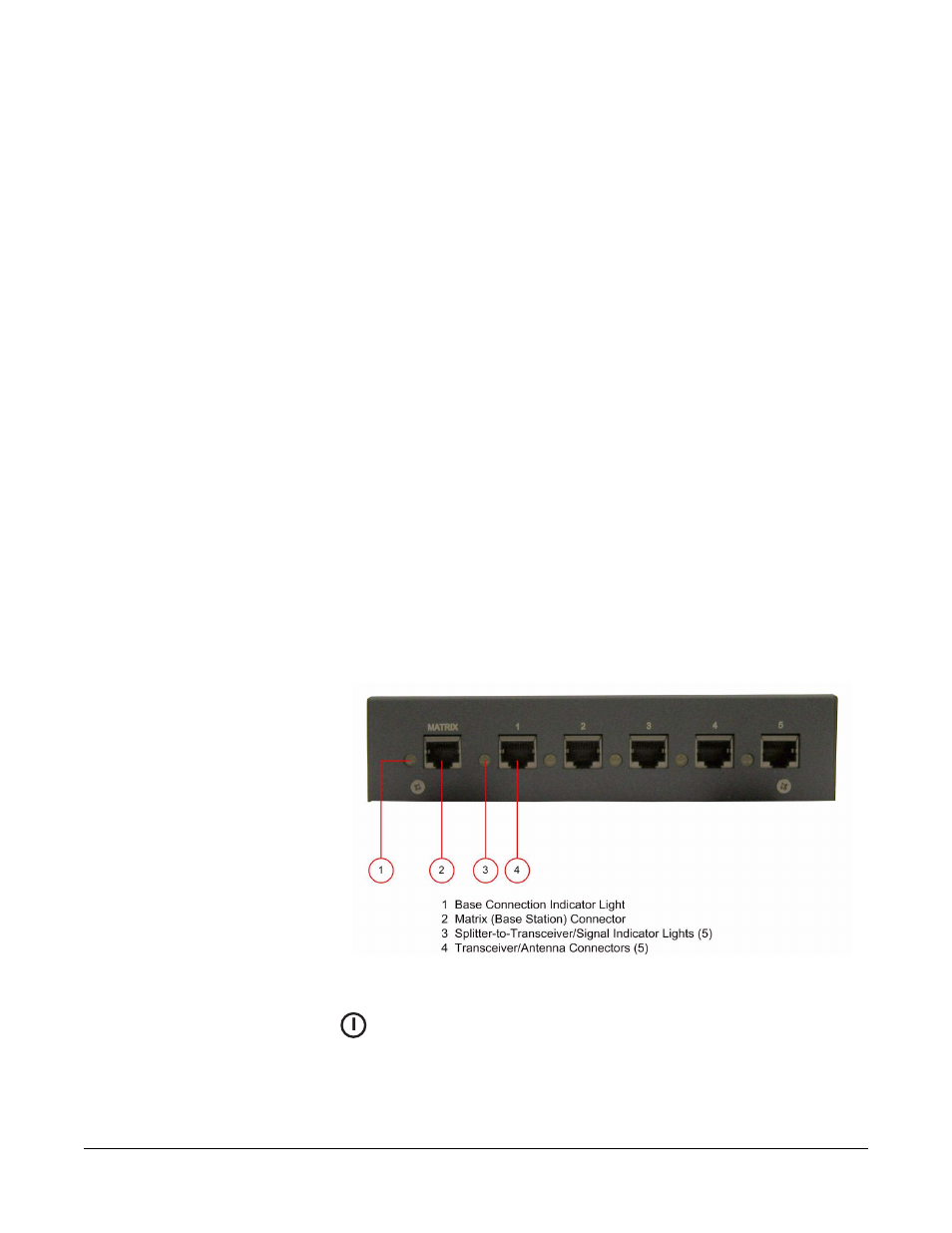 Transceiver/antenna splitter, Splitter front connector panel, Base connection indicator light | Transceiver/antenna splitter -5, Splitter front connector panel -5, Base connection indicator light -5 | Clear-Com FreeSpeak Beltpack User Manual | Page 59 / 89