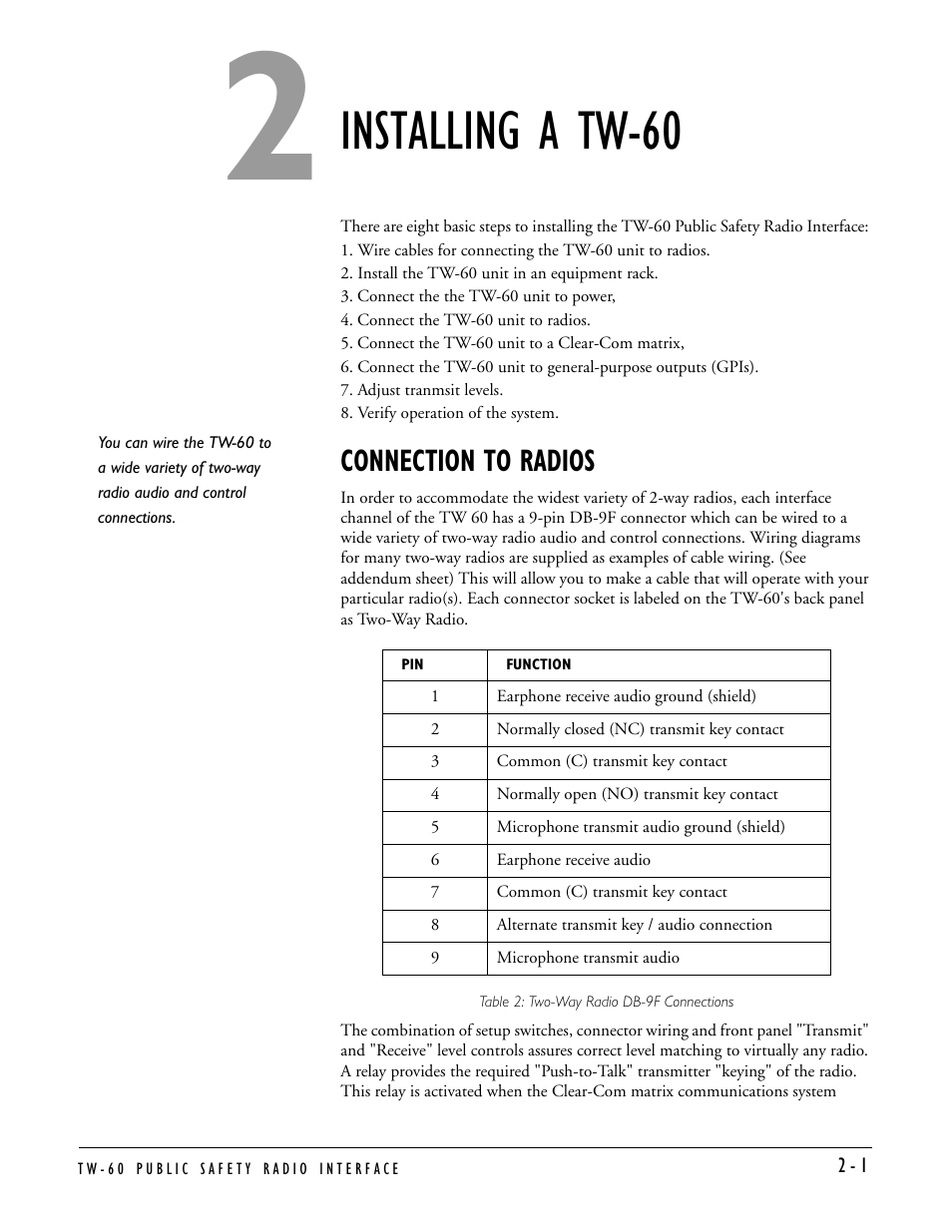 Installing a tw-60, Connection to radios, Installing a tw-60 -1 | Connection to radios -1 | Clear-Com TW-60 User Manual | Page 11 / 24
