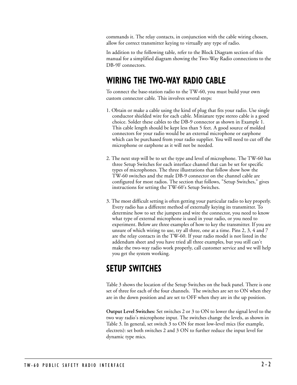 Wiring the two-way radio cable, Setup switches | Clear-Com TW-60 User Manual | Page 12 / 24