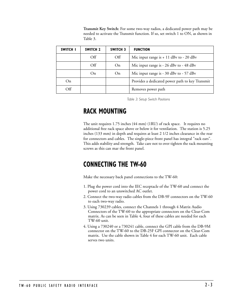 Rack mounting, Connecting the tw-60, Rack mounting -3 connecting the tw-60 -3 | Clear-Com TW-60 User Manual | Page 13 / 24