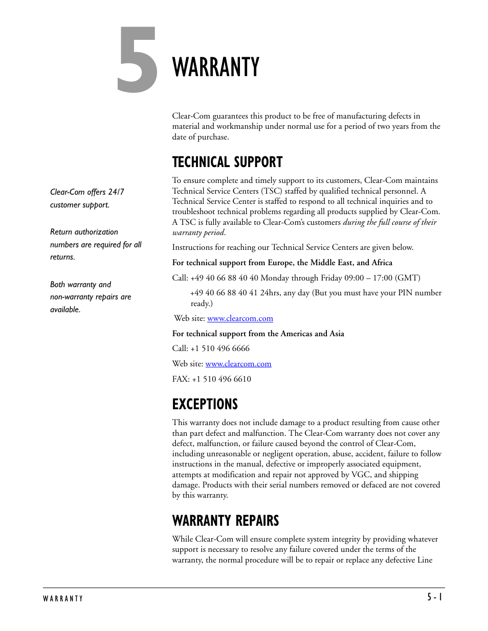 Warranty, Warranty repairs, Technical support | Exceptions | Clear-Com TW-60 User Manual | Page 21 / 24