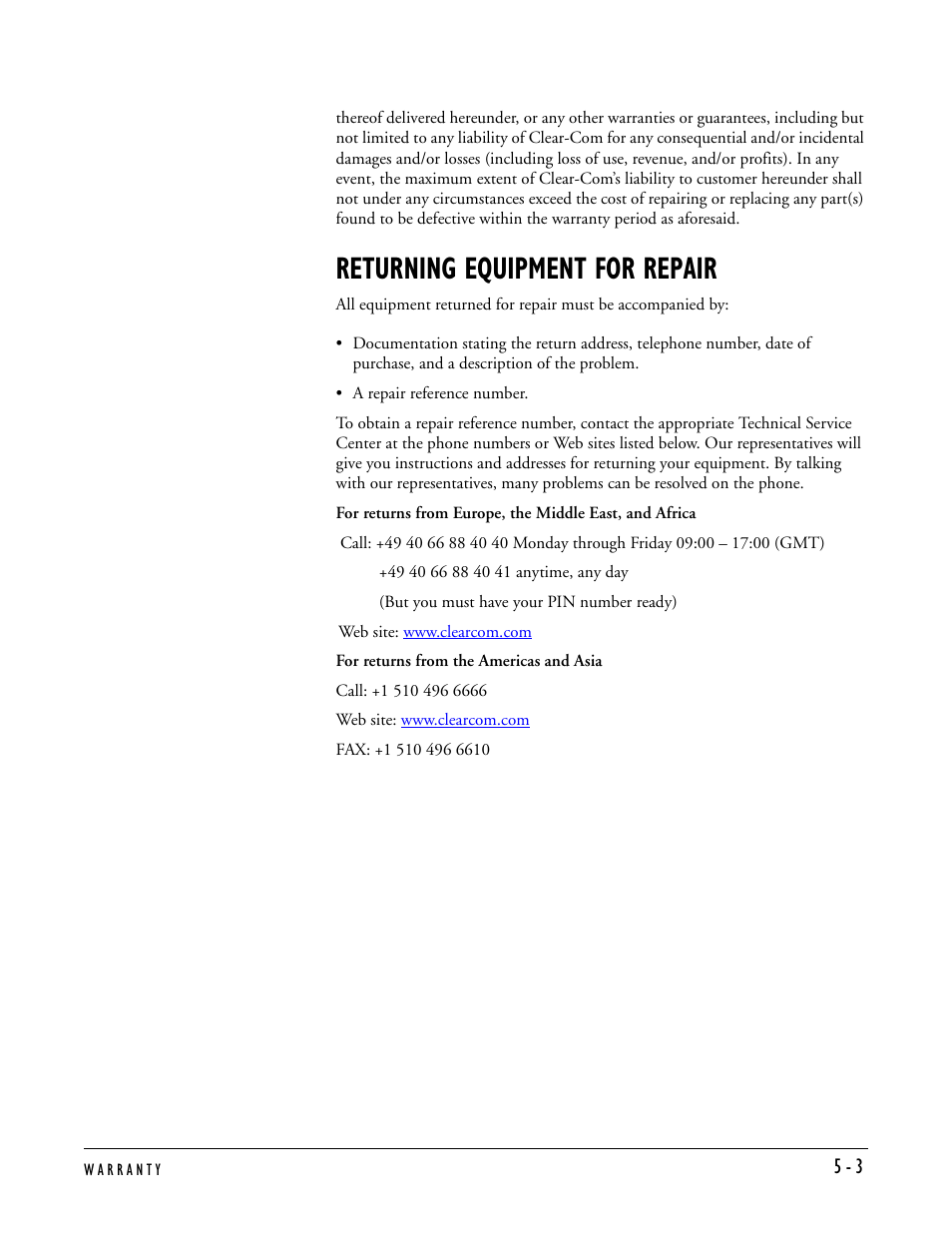 Returning equipment for repair | Clear-Com TW-60 User Manual | Page 23 / 24