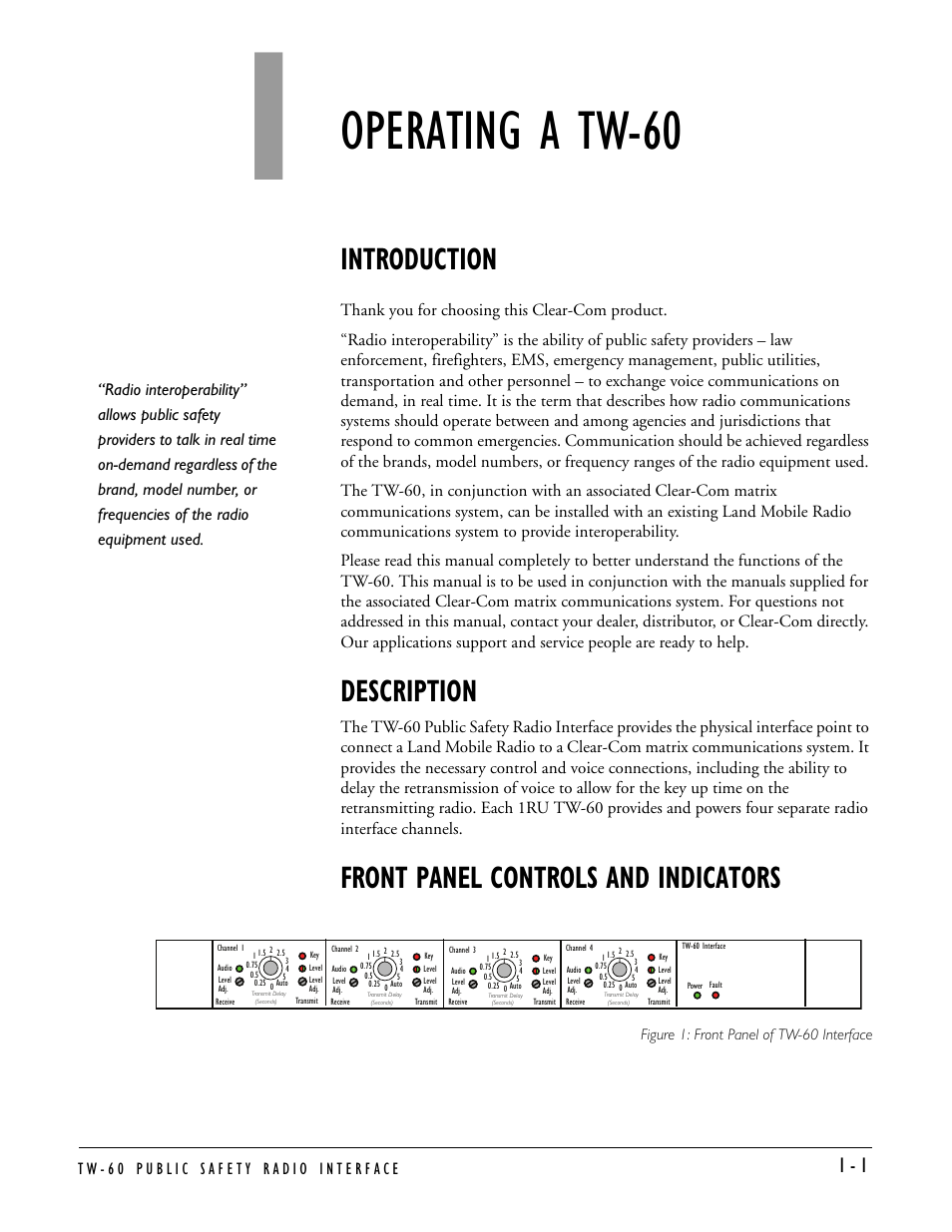 Operating a tw-60, Introduction, Description | Front panel controls and indicators, Operating a tw-60 -1 | Clear-Com TW-60 User Manual | Page 7 / 24