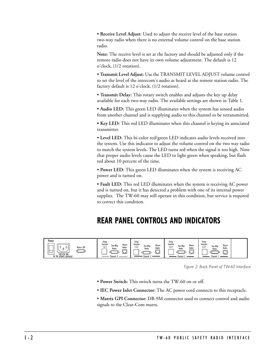 Rear panel controls and indicators, Rear panel controls and indicators -2 | Clear-Com TW-60 User Manual | Page 8 / 24