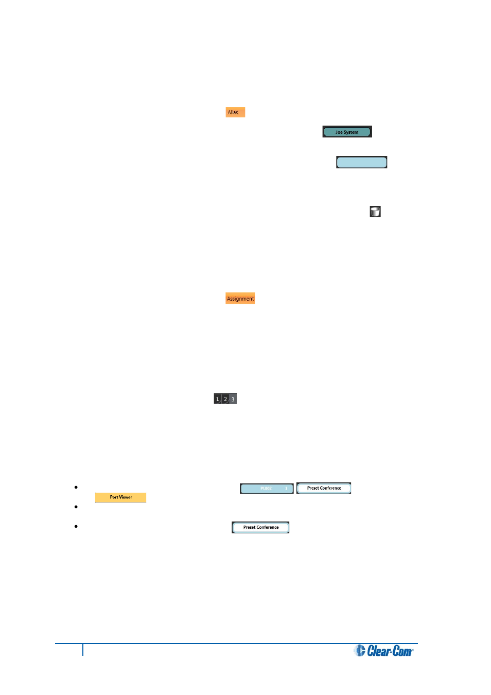 3 alias mode, 4 assignment mode, Assigning items to conferences and port viewers | Alias mode, Assignment mode | Clear-Com Production-Maestro-Pro User Manual | Page 31 / 58