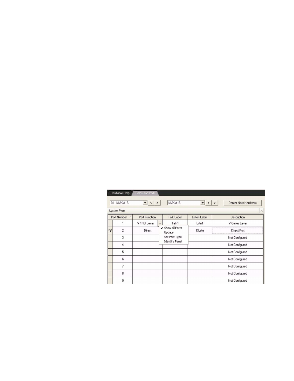 System port menu, Show all ports, Update | Set port type, Port number, System port menu -8, Show all ports -8, Update -8, Set port type -8, Port number -8 | Clear-Com Eclipse-Omega User Manual | Page 118 / 466