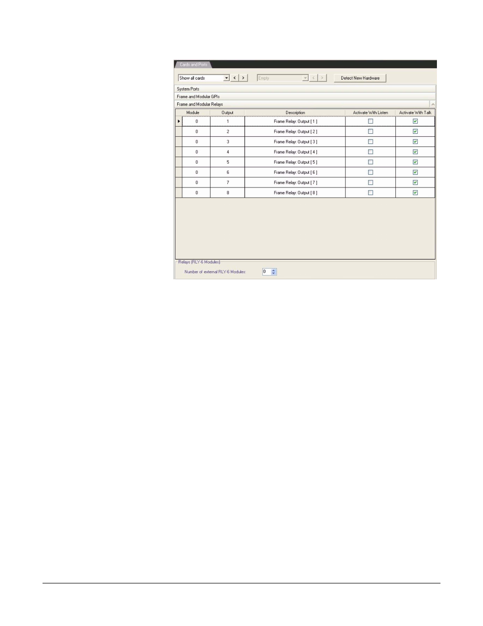 To open frame and modular relays screen, Adding rly-6 modules, Removing rly-6 modules | To open frame and modular relays screen -41, Adding rly-6 modules -41, Removing rly-6 modules -41, Figure 5-10 relays screen -41 | Clear-Com Eclipse-Omega User Manual | Page 151 / 466