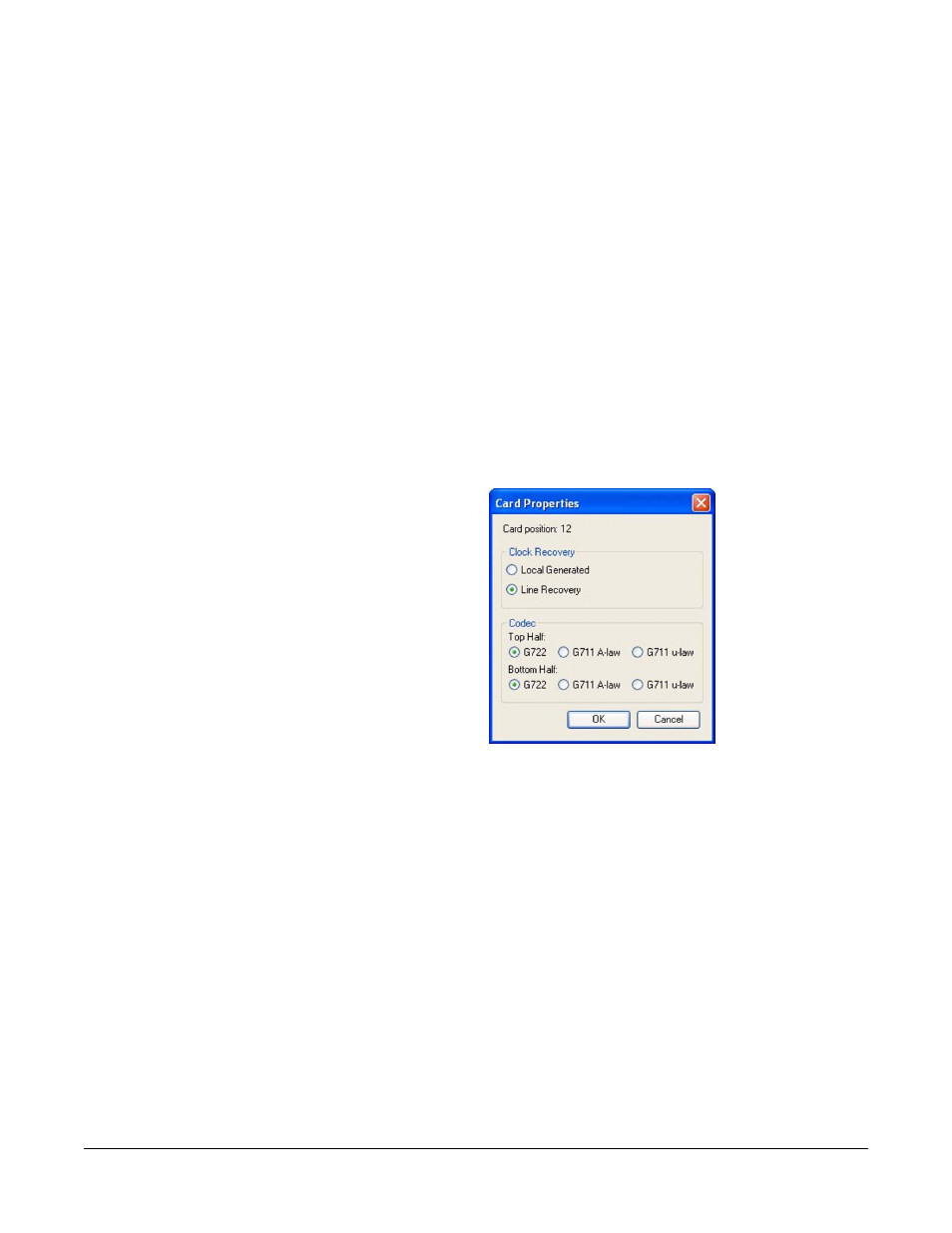 Talk label, Listen label, Description | Card properties, Card position, Clock recovery, Figure 5-20 e1 trunk card properties -49 | Clear-Com Eclipse-Omega User Manual | Page 159 / 466