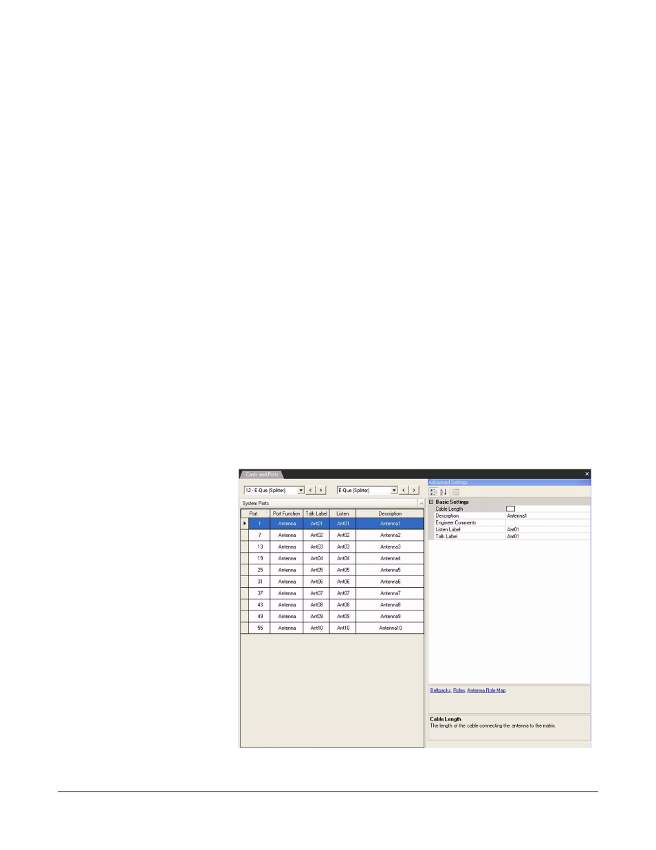 Cable length, Description, Engineer comments | Listen label, Talk label, Splitter connections, Cable length -55, Description -55, Engineer comments -55, Listen label -55 | Clear-Com Eclipse-Omega User Manual | Page 165 / 466