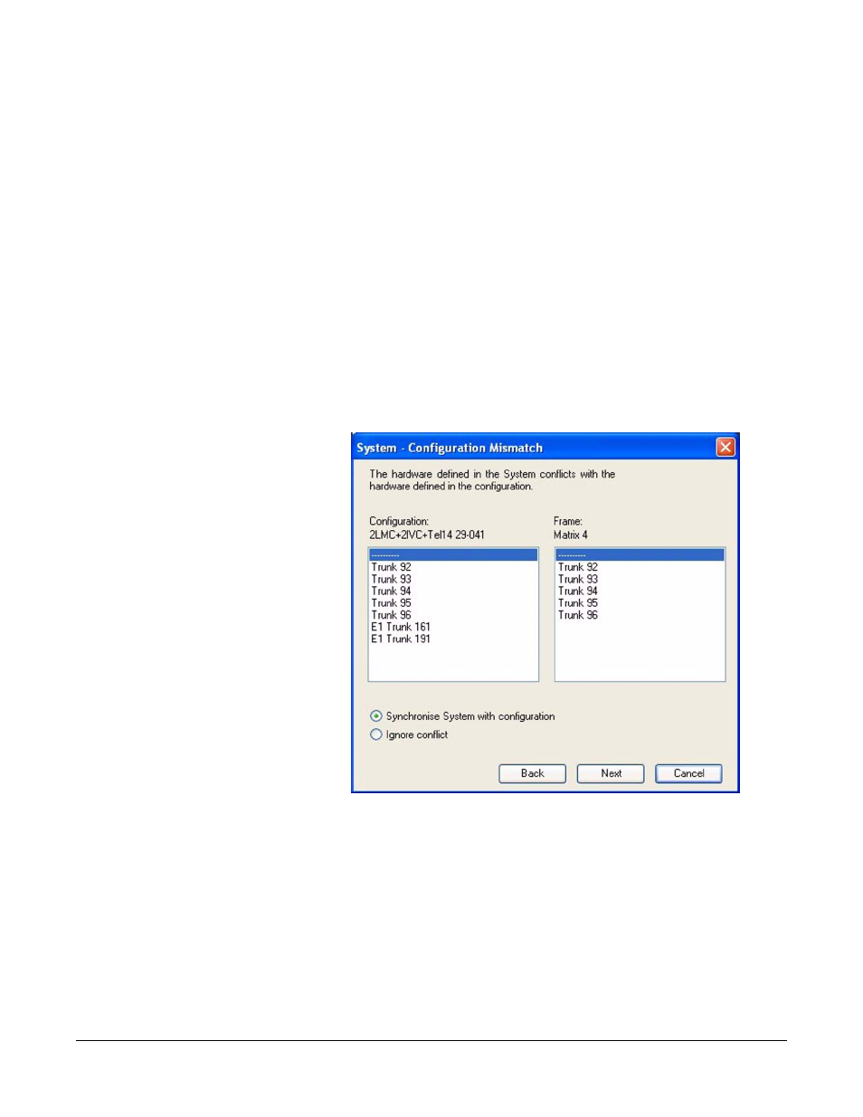 Trunking configuration mismatches, Trunking configuration mismatches -7, Figure 10-8 configuration mismatch screen -7 | Clear-Com Eclipse-Omega User Manual | Page 357 / 466