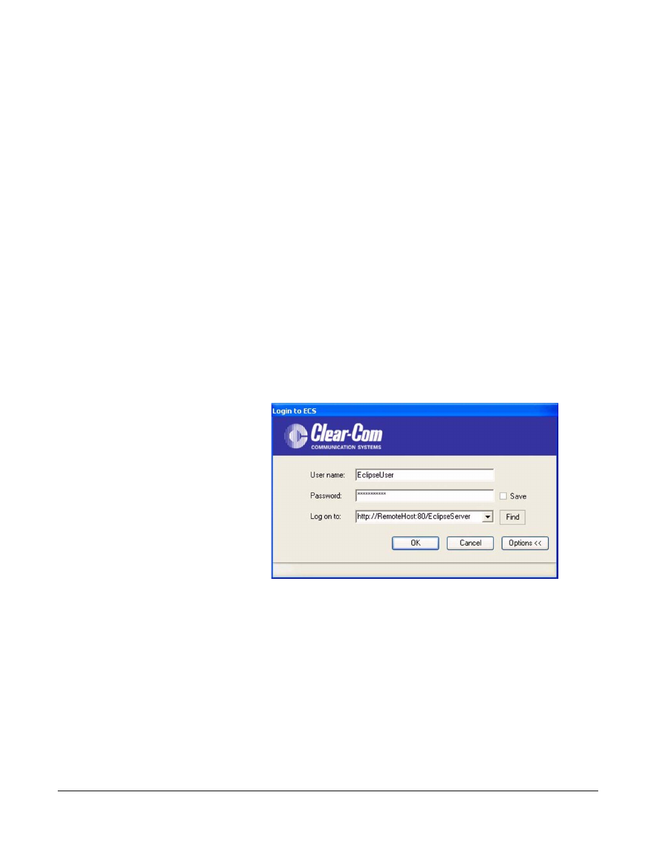 Disabling iis pool recycling in windows xp, Client configuration, Login to the server from a client machine | Client configuration -11, Login to the server from a client machine -11, Figure 11-12 ecs client logon -11 | Clear-Com Eclipse-Omega User Manual | Page 377 / 466